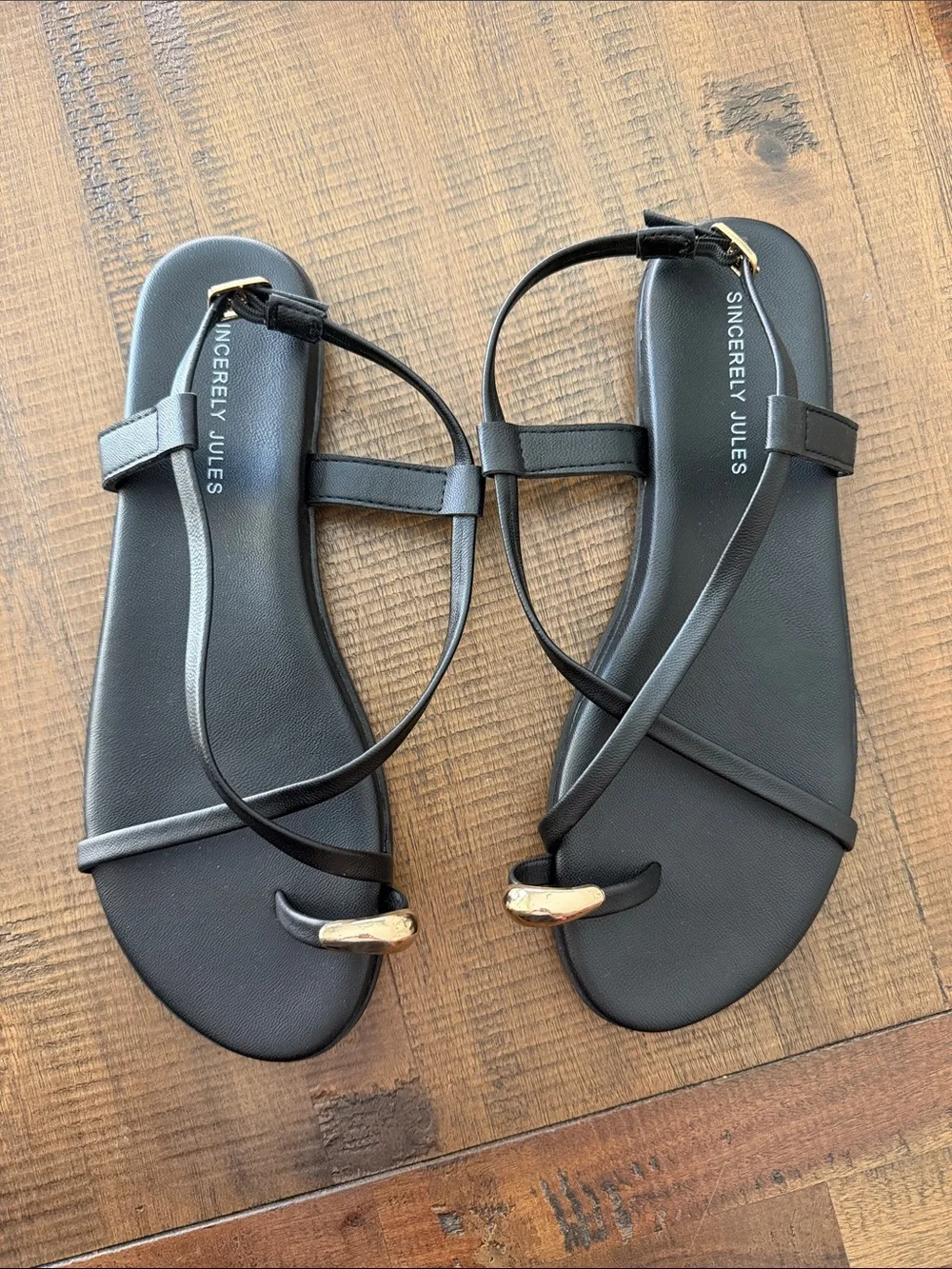 Sincerly Jules Black Strappy Sandals with Gold Accent